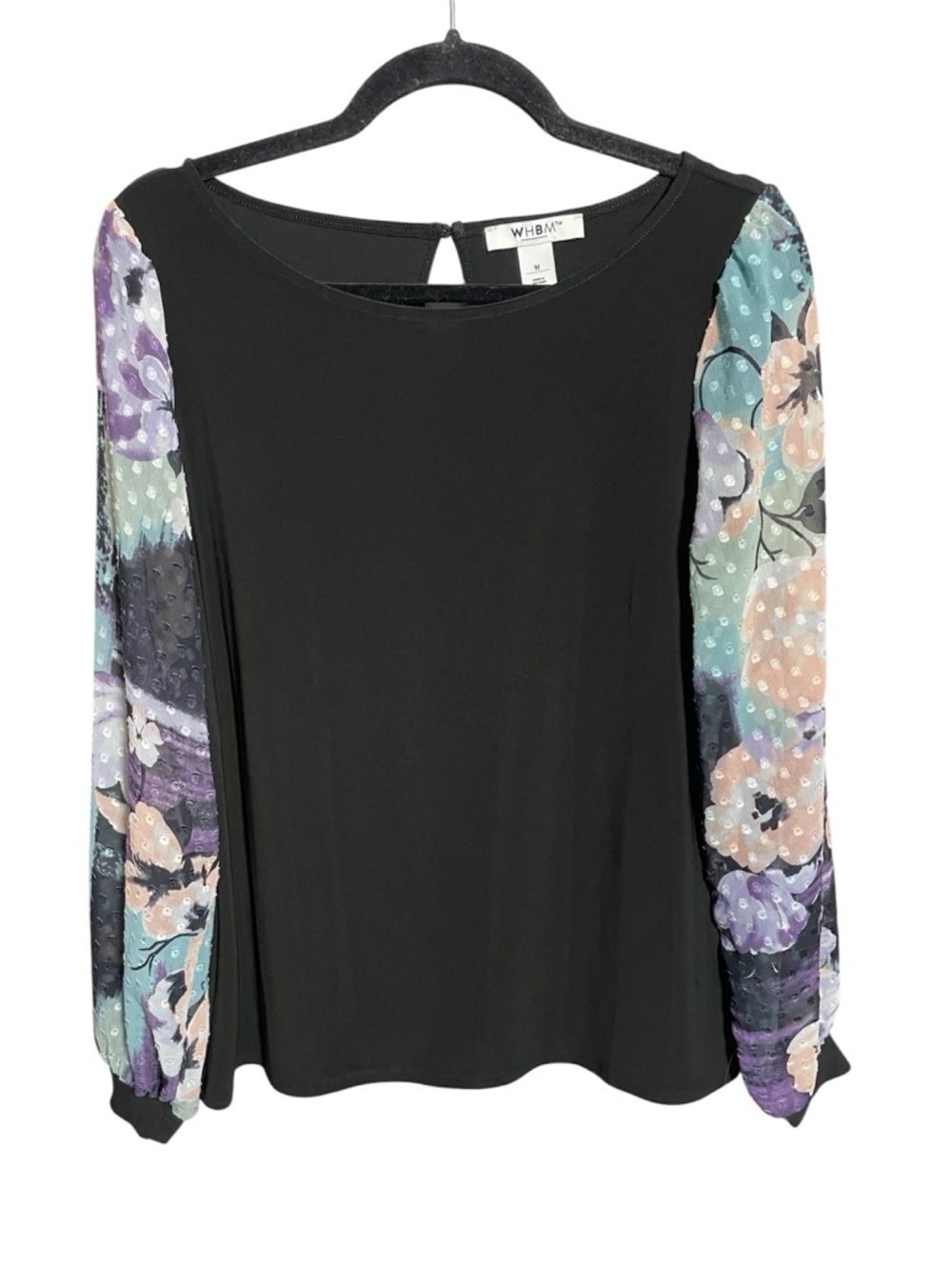 White House Black Market Black Blouse with Pastel Floral Sheer Sleeves
